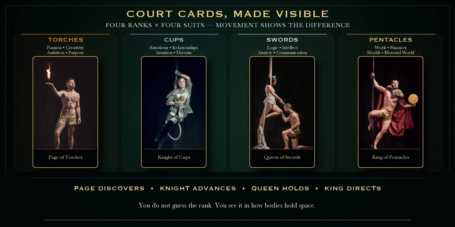 Page of Torches, Knight of Cups, Queen of Swords, and King of Pentacles showing how rank and suit combine.