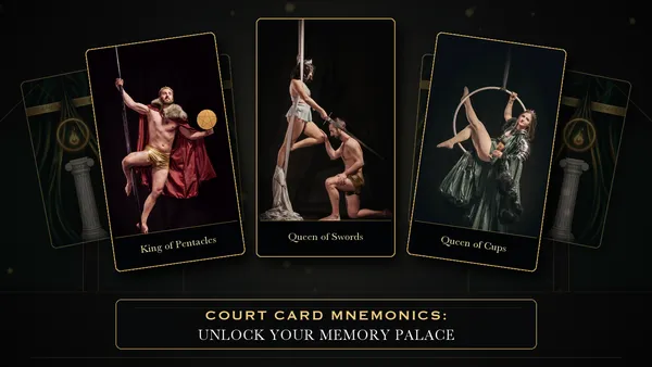 King of Pentacles, Queen of Swords, and Queen of Cups portrayed through aerial performance.
