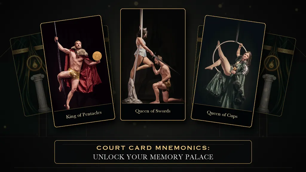 King of Pentacles, Queen of Swords, and Queen of Cups portrayed through aerial performance.