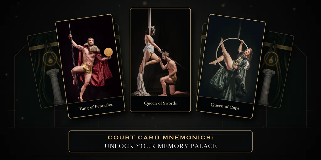 King of Pentacles, Queen of Swords, and Queen of Cups portrayed through aerial performance.