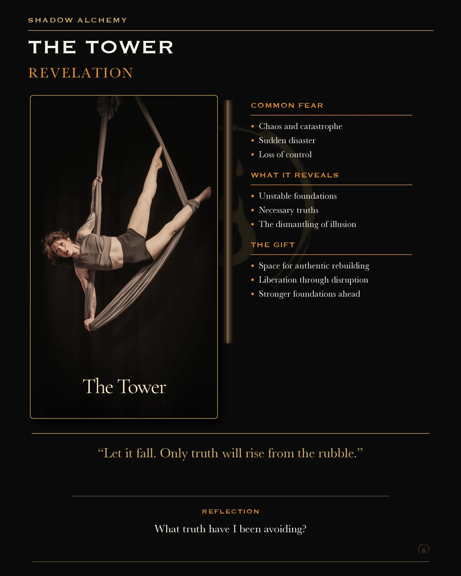 Shadow Alchemy guide to The Tower as revelation, truth, and rebuilding.