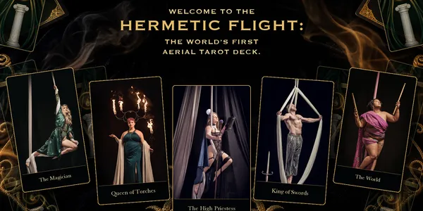 Five aerial tarot cards from The Hermetic Flight deck arranged against a dark stage.