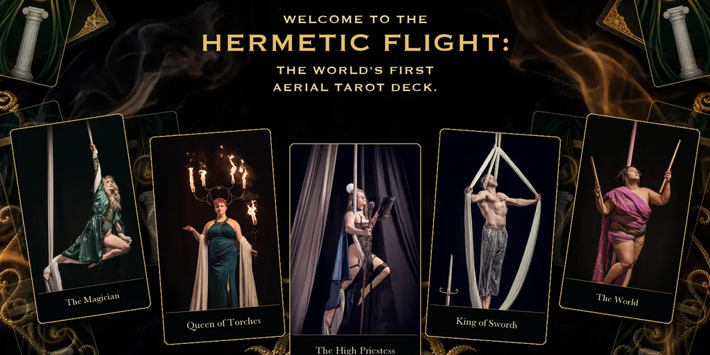Five aerial tarot cards from The Hermetic Flight deck arranged against a dark stage.