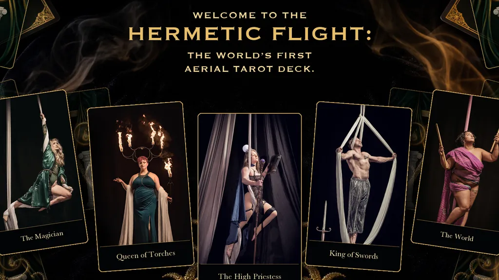 Five aerial tarot cards from The Hermetic Flight deck arranged against a dark stage.