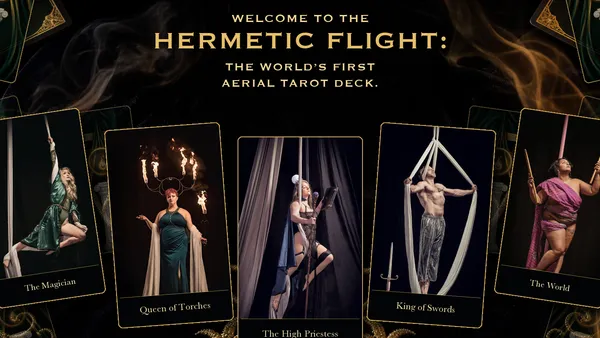 Five aerial tarot cards from The Hermetic Flight deck arranged against a dark stage.